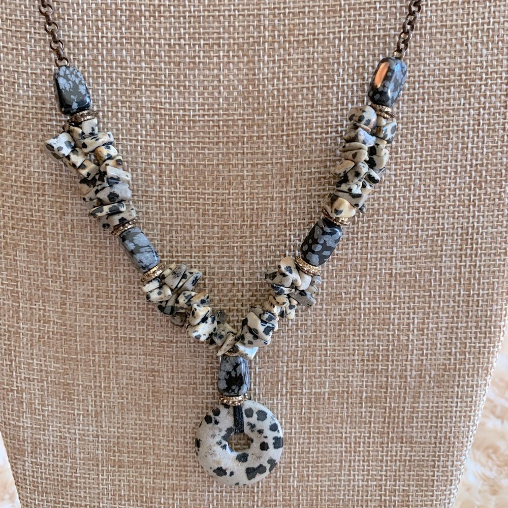 Dalmation Jasper Brass Tone Gemstone Necklace